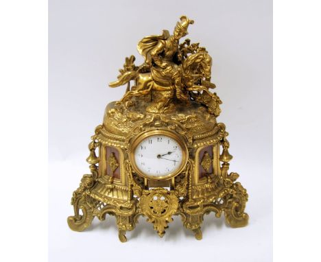 LARGE ORNATE FRENCH GILT CAST BRASS MANTEL CLOCK, 9cm diameter Arabic enamel dial, drum shaped movement with balance wheel es