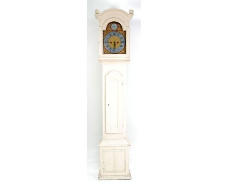 PROBABLY EIGHTEENTH CENTURY WHITE PAINTED CONTINENTAL LONGCASE CLOCK, signed Gil Minde, the 11 1/2" copper dial with silvered