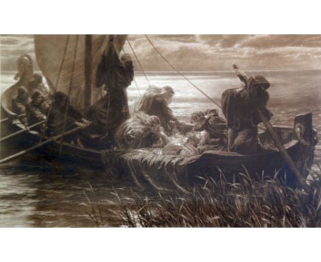 AFTER FRANK DICKSEE  LARGE BLACK AND WHITE PRINT  'The Passing of Arthur' published 1906,  image size 19" x 32" (48.2cm x 81.