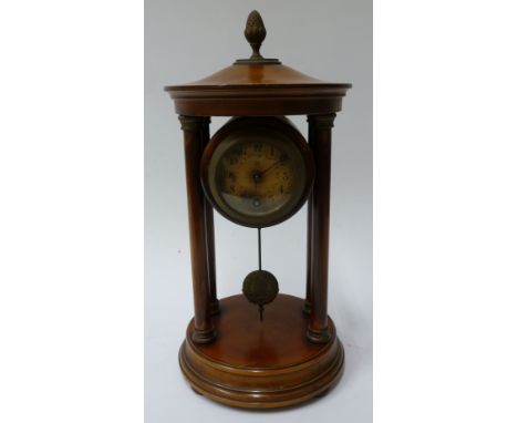 MAHOGANY DRUM CASED MANTEL CLOCK, 6cm diameter floral painted Arabic dial, drum movement with pendulum, with domed canopy top