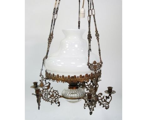 LATE 19TH CENTURY PENDANT OIL LAMP with gilt metal frame holding the reservoir, the three twin candle brackets and the large 