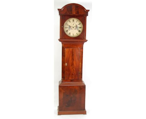 19TH CENTURY FIGURED MAHOGANY LONGCASE CLOCK SIGNED J HOWE, LONDON, the 13" (33cm) enamelled Roman dial with subsidiary secon