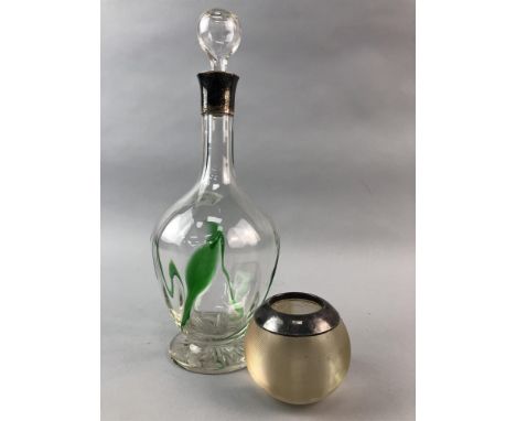 GLASS VESTA HOLDER, with silver band to neck, along with a glass decanter with silver neck, hallmarked Birmingham 1901, with 