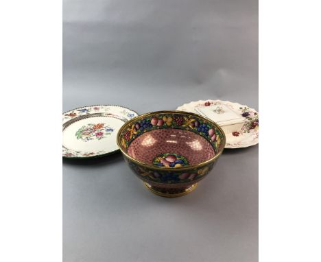 MINTONS 'ROTIQUE' BOWL, with polychrome fruit and gilt decoration, 20cm diameter, along with a Beswick nut dish, two Copeland