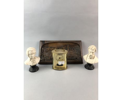 BRASS TRIVET, along with a pair of classical style busts, carriage clock, wood carved scene hotel plate and brass ware