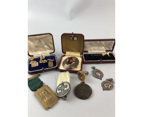 PAIR OF NINE CARAT GOLD CUFFLINKS, along with a fob, two silver medals, life saving medal, Scottish brooch, stick pin and oth