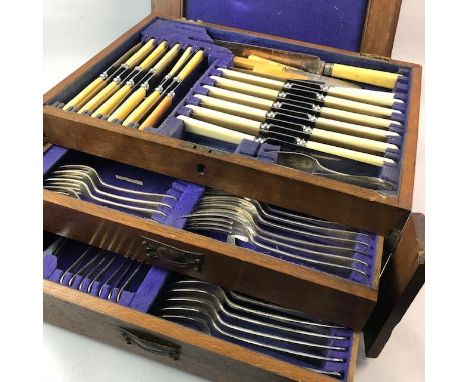 SILVER PLATED FOUR PIECE TEA SERVICE, along with an oak canteen fitted with primarily plated cutlery, a plated cakebasket, ca
