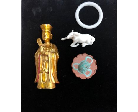 CHINESE GILT WOOD FIGURE, along with a blanc de chine horse, jadeite bangle, and a terracotta lid