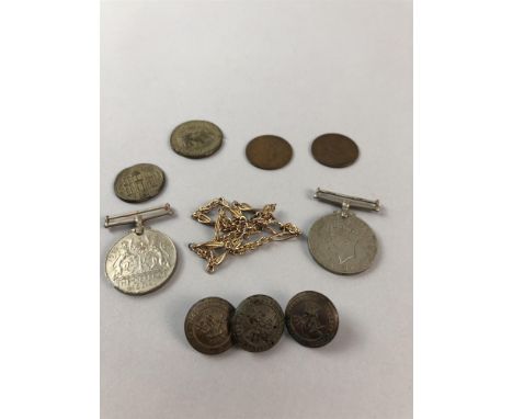 TWO WWII MEDALS, along with three buttons, one marked Glasgow; two replica coins; four 20th century pennies and a gold plated