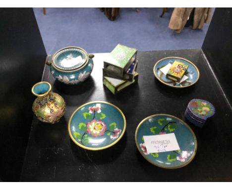 GROUP OF ENAMEL DISHES, along with matchbox holders, miniature vase, and pill box (10)