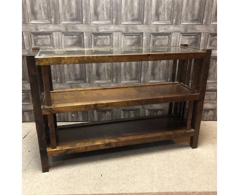 MODERN CONSOLE TABLE, formed of three tiers, with glass top, 79cm high