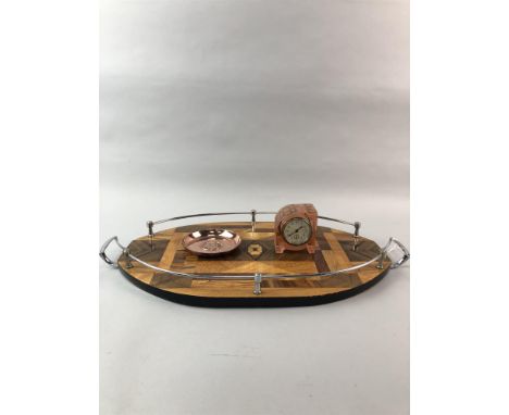 MID 20TH CENTURY OVAL TWIN HANDLED SERVING TRAY, the top composed of various woods, with stainless steel gallery, 58.5cm long
