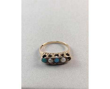 TURQUOISE AND PEARL DRESS RING, set in ten carat gold (one stone missing)