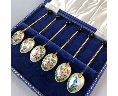 COLLECTION OF SILVER TEA SPOONS, 110g gross, along with a cased set of enamel floral decorated plated spoons and a collection