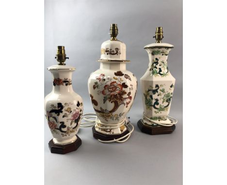 THREE CERAMIC LAMP BASES, along with two other lamp bases including one with a shade