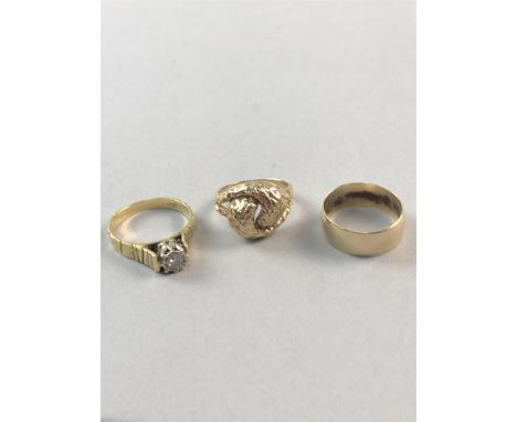 NINE CARAT GOLD WEDDING RING, along with a diamond 'illusion set' solitaire ring and another nine carat gold ring (3)