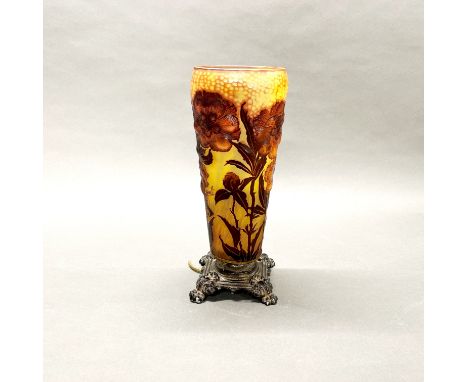 A superb Galle style table lamp on a cast metal base, H. 36cm.