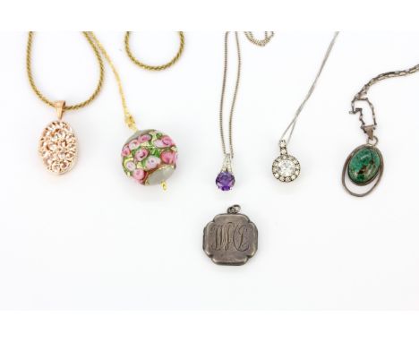 Five 925 silver stone set pendants and chains with a further hallmarked silver portrait locket c. 1942.