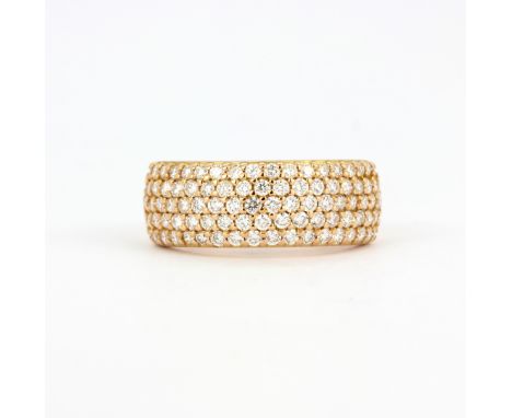 An 18ct rose gold (stamped 750) diamond pave set ring, (O).