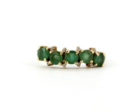 A 9ct yellow gold emerald and diamond set half eternity ring, (T.5).