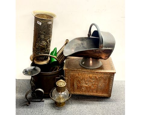 A hammered brass stick stand, coal box and other items.