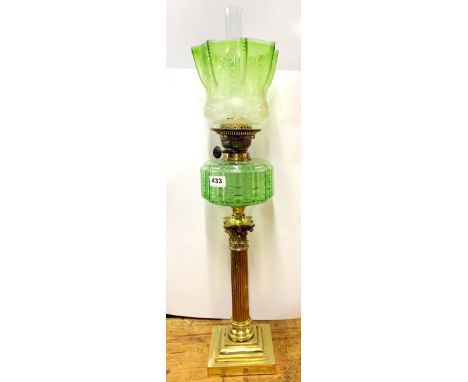 A superb 19th century brass column and green glass oil lamp with frosted glass shade, H. 75cm.