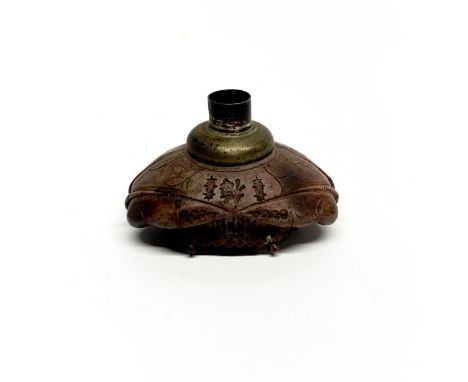 A rare Chinese metal and porcelain early opium pipe cover of a crab with articulated eyes, W. 7.5cm, D. 5cm.