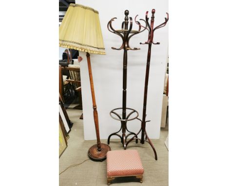 Two hat stands, a standard lamp and an upholstered footstool, standard lamp H. 185cm.