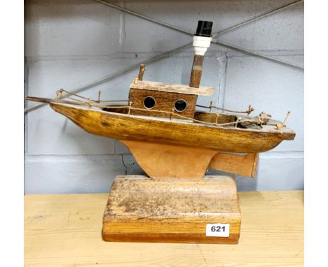 A 1930's copper and wood yacht table lamp base, L. 50cm, H. 37cm.