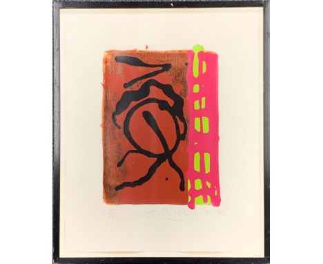 A framed silkscreen with wood block entitled "friendly ghost" 17/75 by John Hoyland 1997, frame size  54 x 65cm.