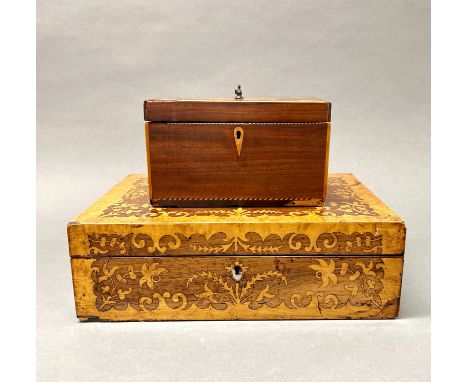 A 19th century inlaid mahogany tea caddy, 21 x 13 x 13cm, together with a 19th century intaid writing slope (without interior