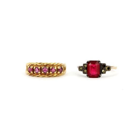 A 9ct and silver  stone set ring together with a 9ct yellow gold ruby set ring, (N.5 &amp; M.5).