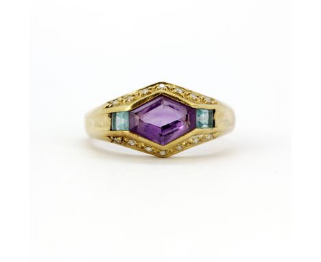 A 9ct yellow gold ring set with fancy cut amethyst and blue topaz and diamonds, (T.5).