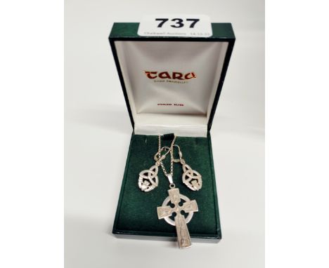 A silver Celtic cross pendant and chain with Celtic Claddagh earrings.