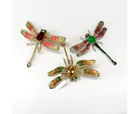 Three large plique a jour enamel and stone set dragon brooches, W. 9.5cm.