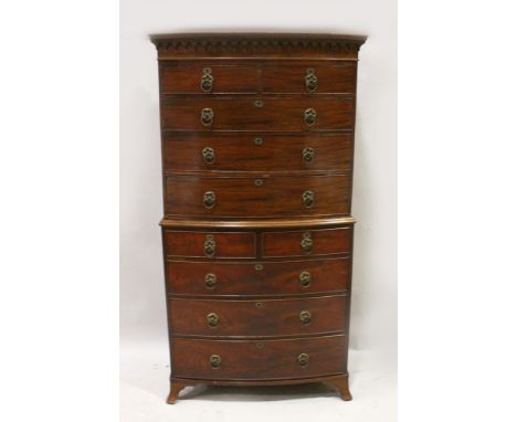 A LATE REGENCY MAHOGANY BOW FRONTED TALLBOY, with dentil cornice, the top with two small and three long graduated drawers on 