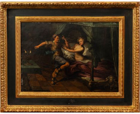 School of Prague 17th Century, Joseph and the wife of Potiphar, oil on copper, on the reverse copy of an old expertise by Geo