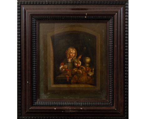 Dutch Artist 17/18th Century, young boy with shell blowing bubbles with silver objects in a window niche, oil on paper on woo