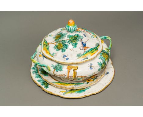 Savonar Ceramic Terrine, round fluted shape with lid and hand grips, two dishes, all painted in multicolours with landscapes 