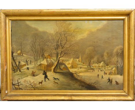 David Tenniers (1582-1649 ) - Follower, winter scene in a Dutch village with ice skaters, oil on panel, framed, 35 x 55 cm
