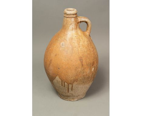 German Ceramic Flask, pear shape with long neck and grip, brown natural colour, four manufacture signs, Central German 16th c