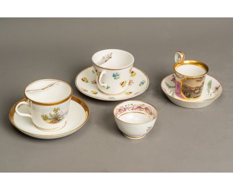 Lot of Porcelain Cups and Saucers, partly with beard protection, painted in multicolours and glazed, Vienna and other manufac