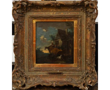 Norbert Grund (1717-1767) – Attributed, landscape with farmers and cows, oil on wooden panel, framed, 16 x 14 cm 