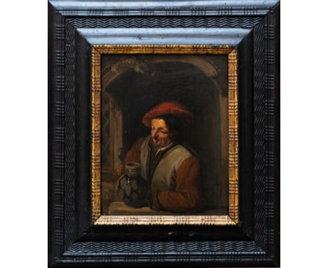Adriaen van Ostade (1610-1685), portrait of an elderly man with ceramic jug by a window niche, oil on oak panel, signed botto