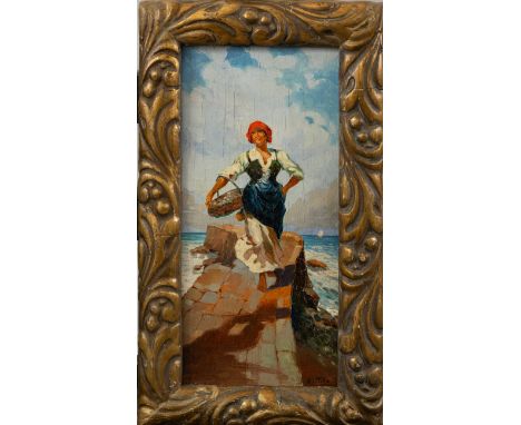 Ettore Tito (1859-1941) – Attributed, girl by the mole, oil on panel, framed, signed on the bottom, 32 x 16 cm