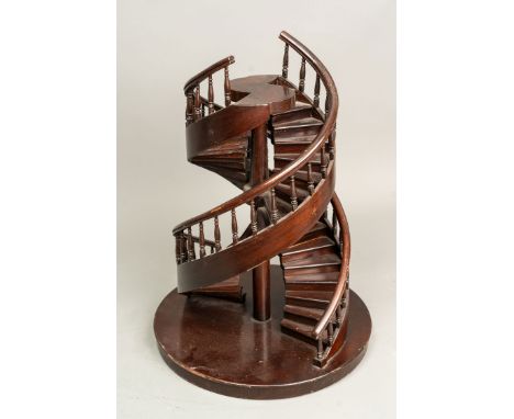 Architectural Model of a Staircase. circled staircase, wood partly carved on round base, original brown patina around 1900, 5