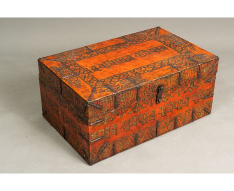 Tibet Travel Trunk, rectangular form with lid, iron hinges, wood with light red lacquer and black and gilded lacquer decorati