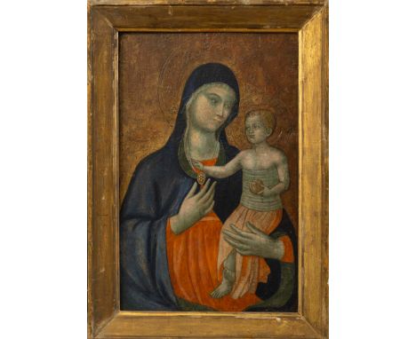 Pietro Lorenzetti (1280-1348) – Follower, Madonna with child, tempera on gold ground, pounced on wooden panel, framed, 48 x 3