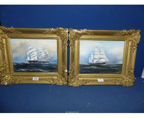 A pair of ornate framed (a/f) Oils on canvas of tall ships, signed lower right R. Orchard '81, 17'' x 14''.