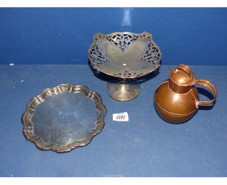A plated Tazza and card tray and a copper tea caddy.